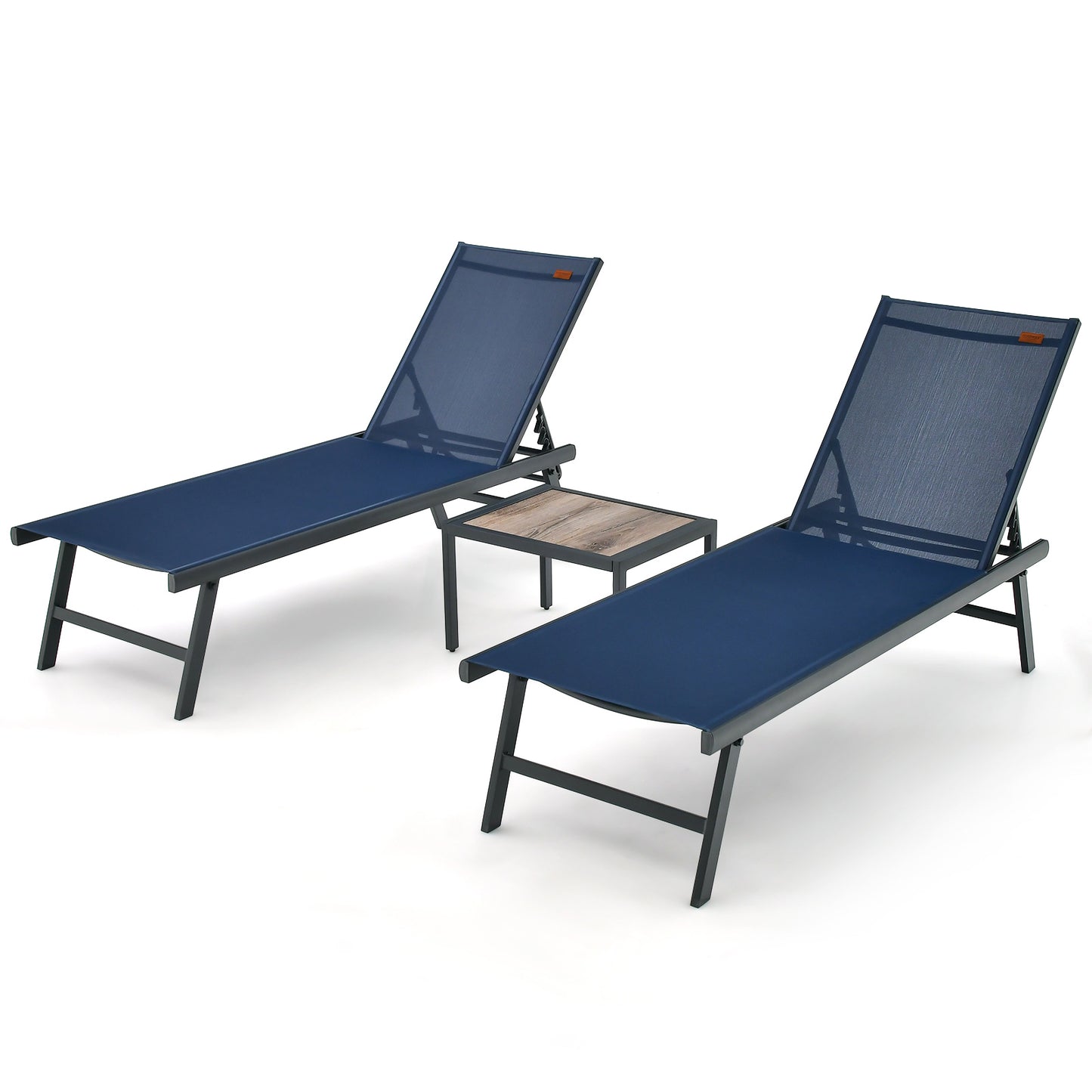 3 Pieces Patio Chaise Lounge Chair and Table Set for Poolside Yard, Navy Outdoor Chaise Lounges at Gallery Canada