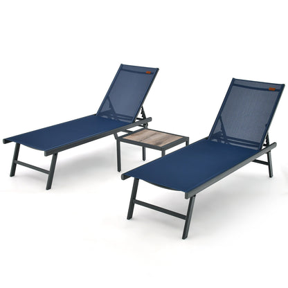 3 Pieces Patio Chaise Lounge Chair and Table Set for Poolside Yard, Navy Outdoor Chaise Lounges at Gallery Canada