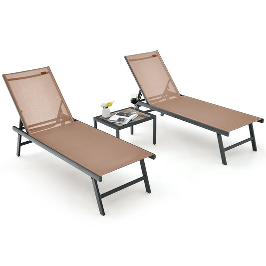 3 Pieces Patio Chaise Lounge Chair and Table Set for Poolside Yard, Brown - Gallery Canada
