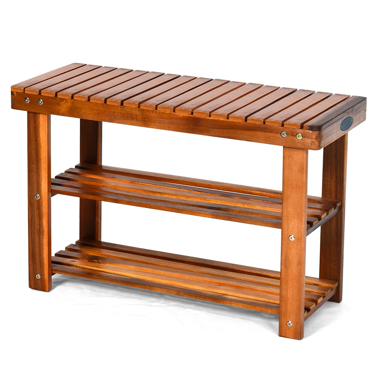 Freestanding Wood Bench with 3-Tier Storage Shelves, Natural - Gallery Canada
