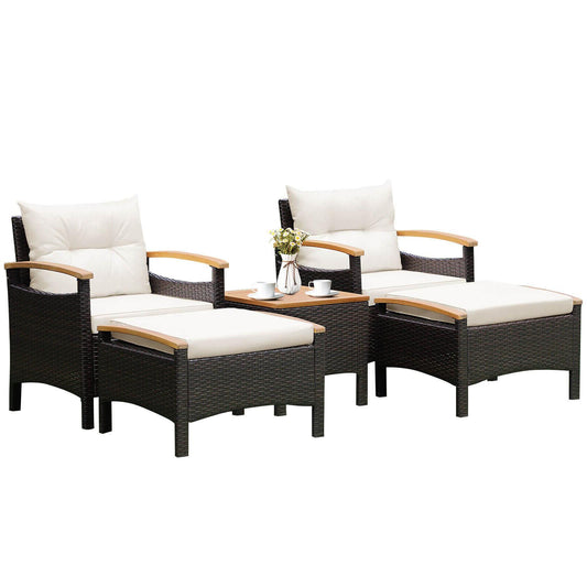 5 Piece Patio Conversation Set With Cushions, Coffee Table, 2 Ottomans, White Patio Conversation Sets White at Gallery Canada