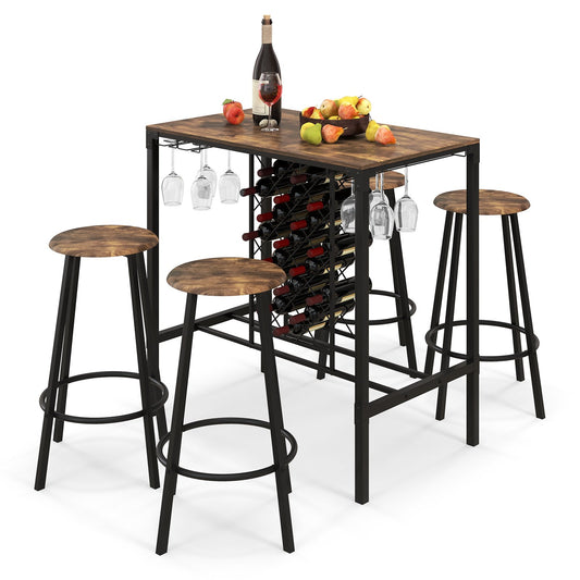 5 Pieces Bar Table and Stools Set with Wine Rack and Glass Holder, Rustic Brown at Gallery Canada