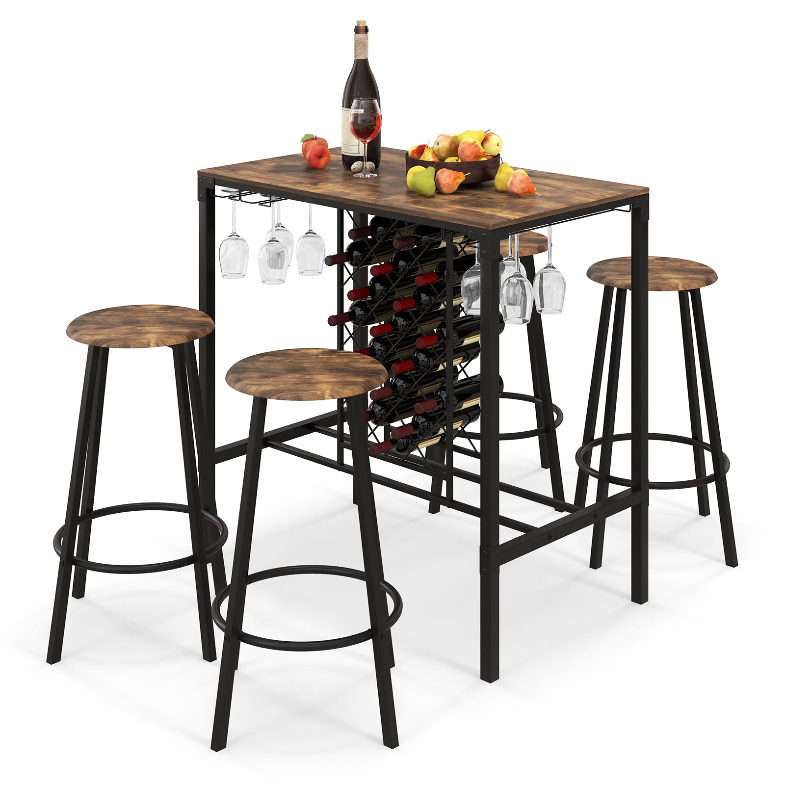 5 Pieces Bar Table and Stools Set with Wine Rack and Glass Holder, Rustic Brown Patio Bar Furniture at Gallery Canada
