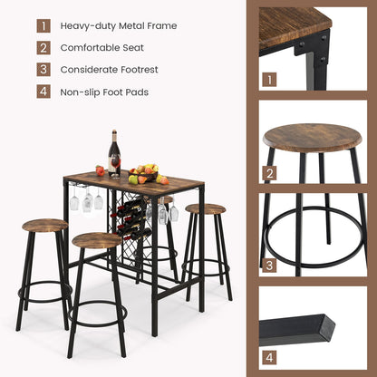 5 Pieces Bar Table and Stools Set with Wine Rack and Glass Holder, Rustic Brown - Gallery Canada