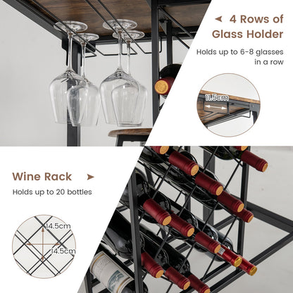 5 Pieces Bar Table and Stools Set with Wine Rack and Glass Holder, Rustic Brown - Gallery Canada