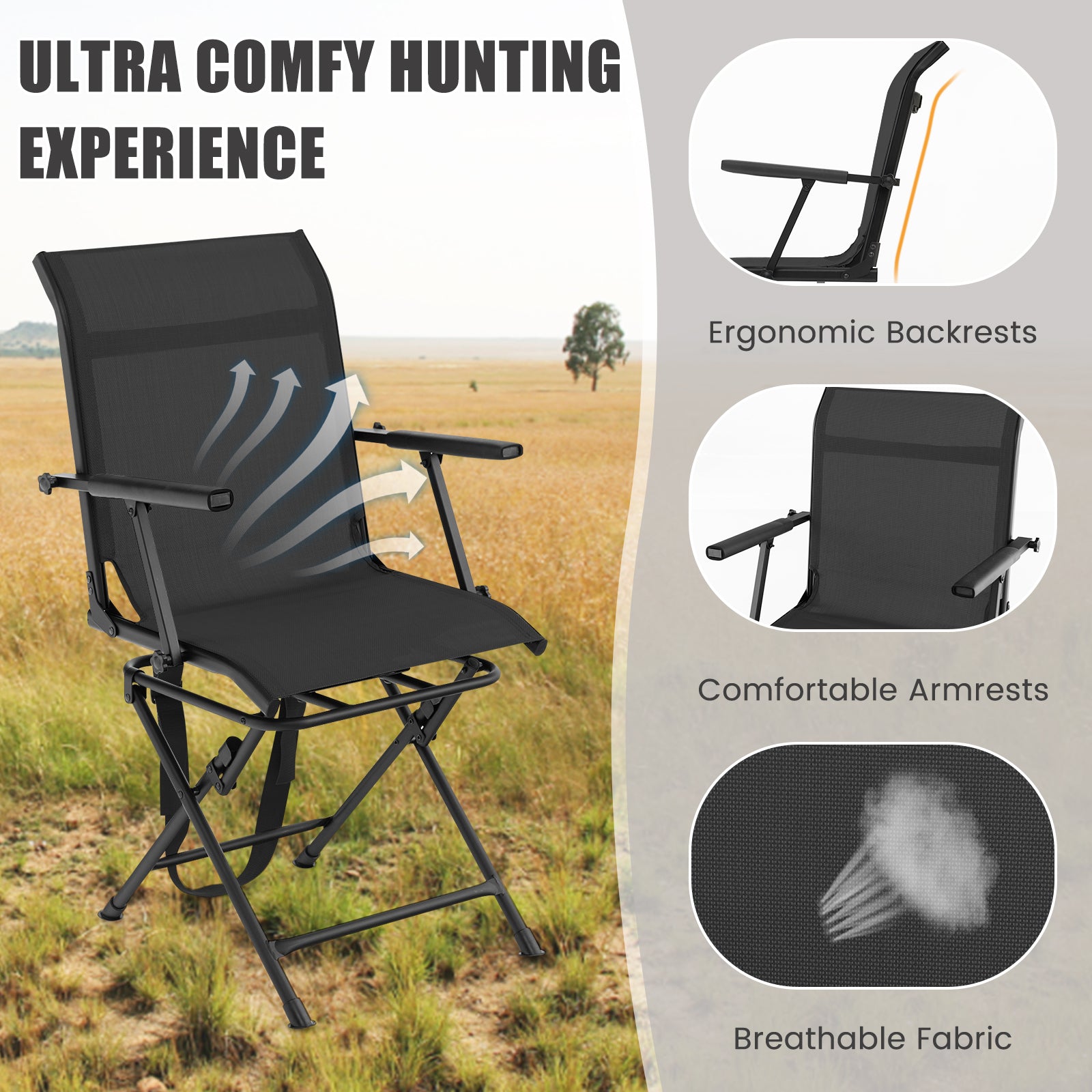 Foldable Swivel Patio Chair with Armrest and Mesh Back, Black Camping Furniture at Gallery Canada
