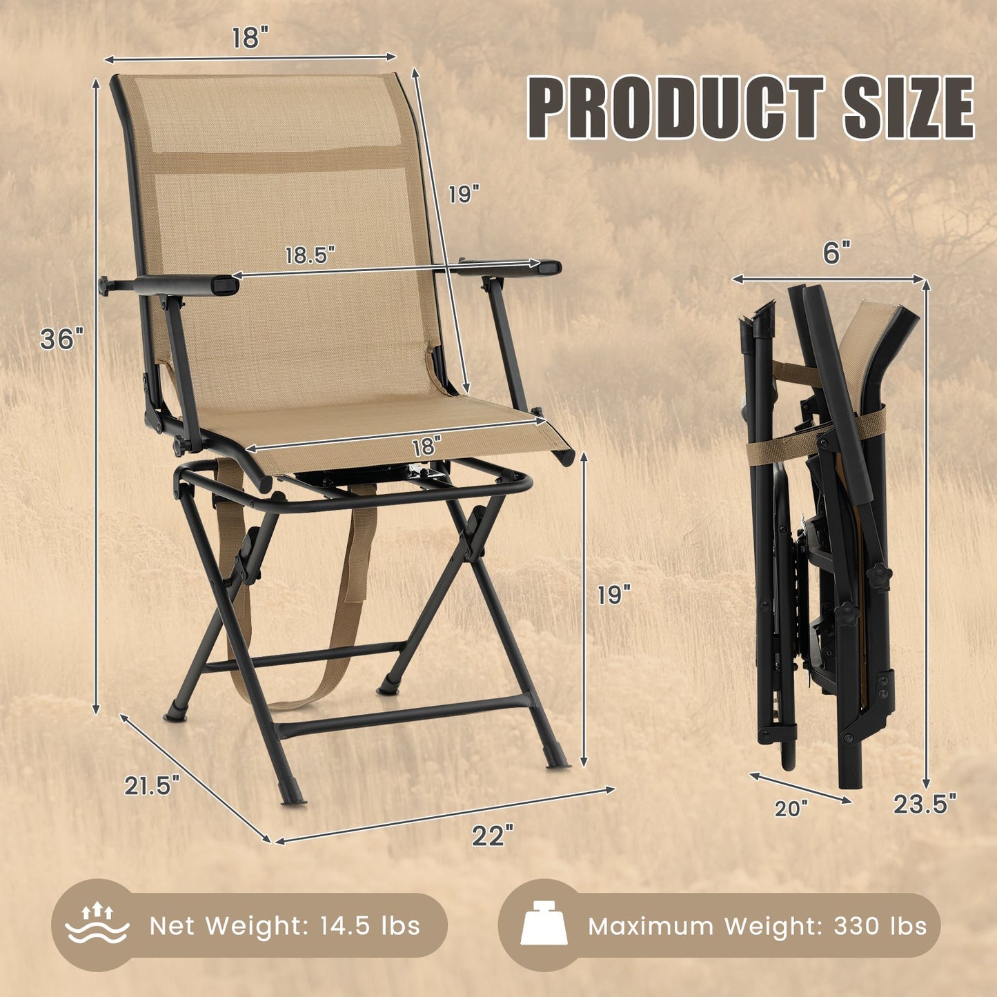 Foldable Swivel Patio Chair with Armrest and Mesh Back, Coffee
