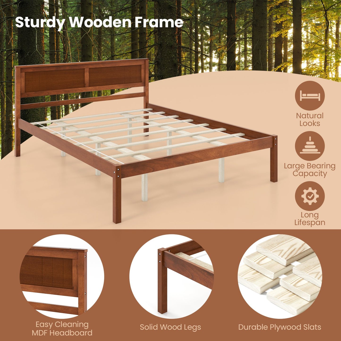 Twin/Full/Queen Size Bed Frame with Wooden Headboard and Slat Support-Queen Size, Walnut - Gallery Canada