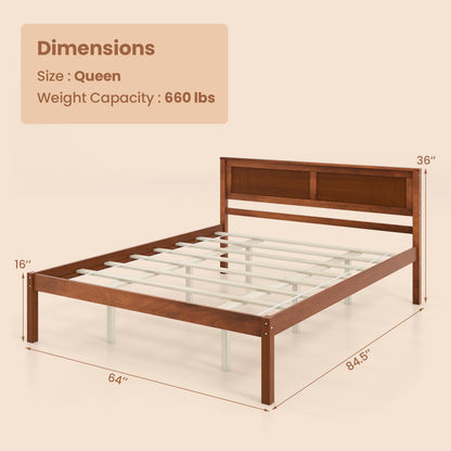 Twin/Full/Queen Size Bed Frame with Wooden Headboard and Slat Support-Queen Size, Walnut - Gallery Canada