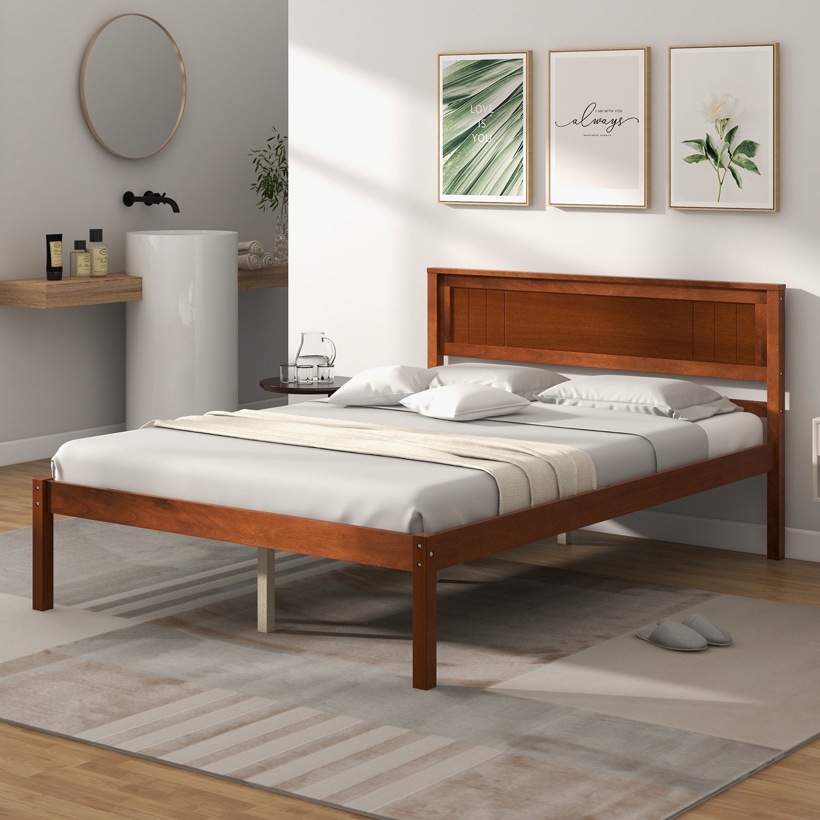 Twin/Full/Queen Size Bed Frame with Wooden Headboard and Slat Support-Full Size, Walnut - Gallery Canada