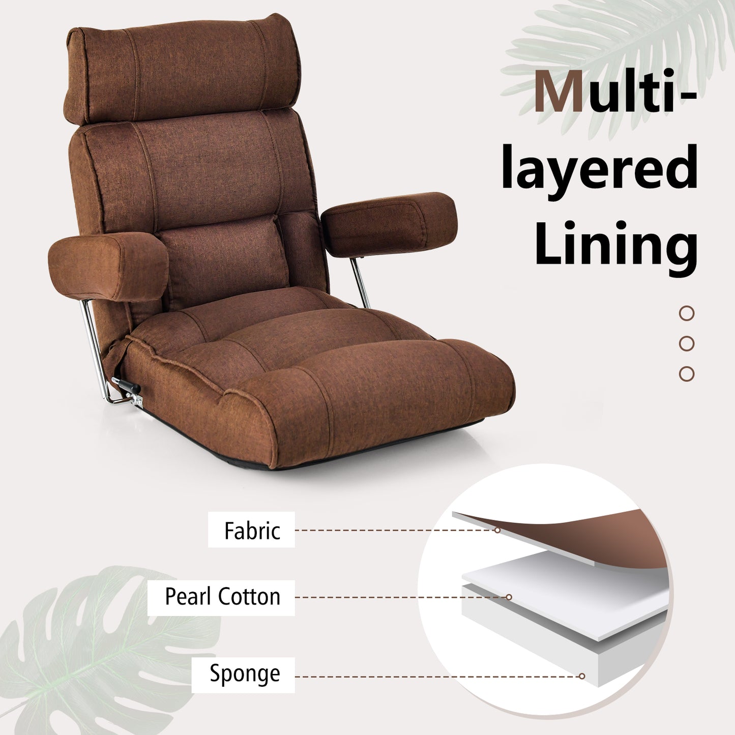Adjustable Folding Sofa Chair with 6 Position Stepless Back, Brown Floor Chairs at Gallery Canada