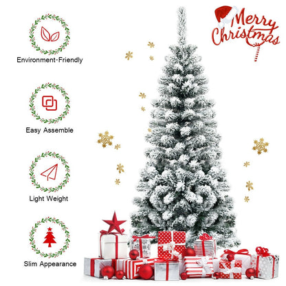 4.5 Feet Unlit Hinged Snow Flocked Artificial Pencil Christmas Tree with 242 Branch, Green - Gallery Canada