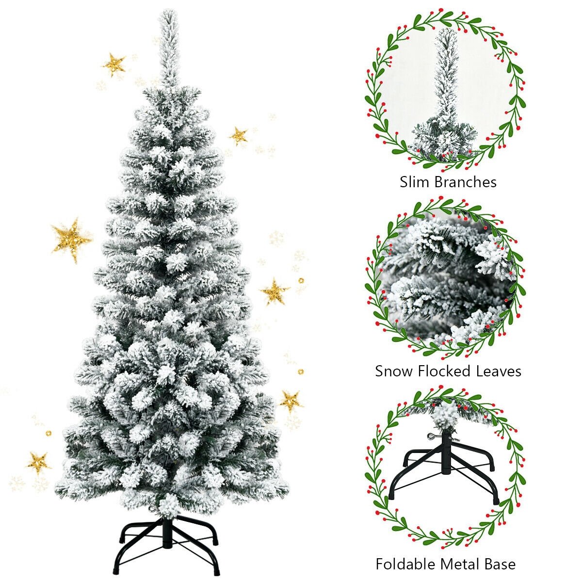 4.5 Feet Unlit Hinged Snow Flocked Artificial Pencil Christmas Tree with 242 Branch, Green - Gallery Canada