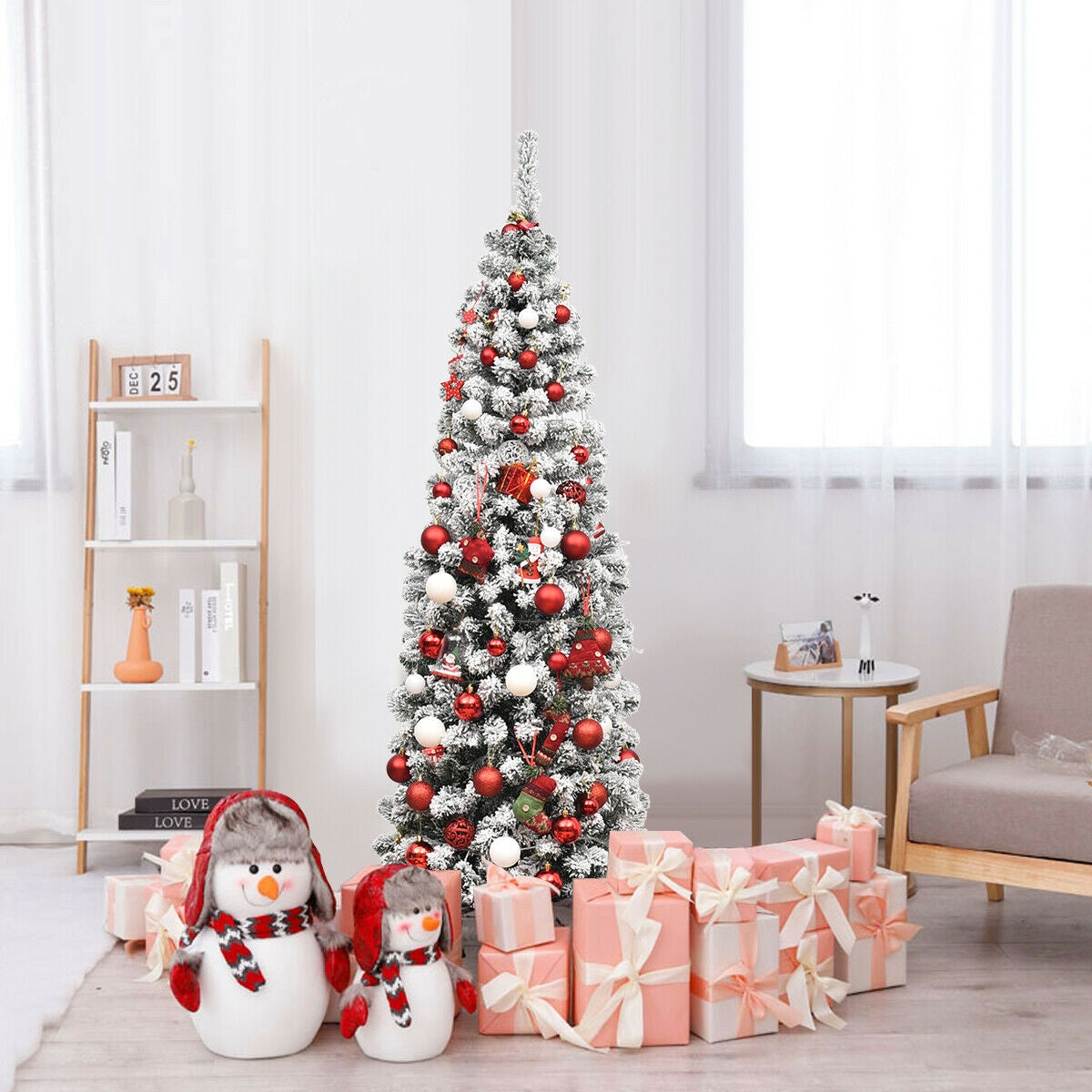 6 Feet Pre-Lit Snow Flocked Artificial Pencil Christmas Tree, Green Christmas Tree at Gallery Canada
