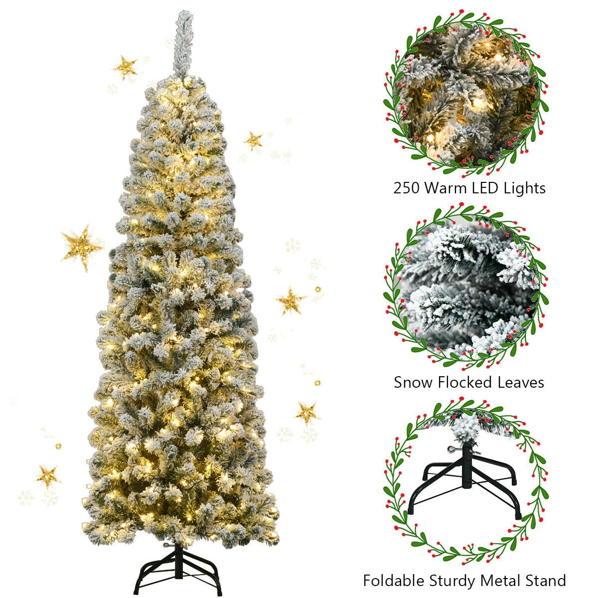 6 Feet Pre-Lit Snow Flocked Artificial Pencil Christmas Tree, Green Christmas Tree at Gallery Canada