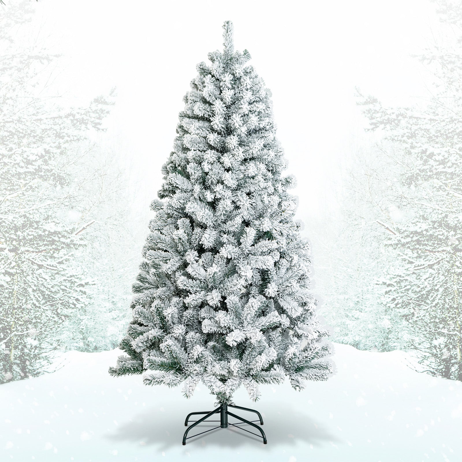 6 Feet Artificial Snow Decorated Flocked Hinged Christmas Tree with Metal Stand, White Christmas Tree at Gallery Canada