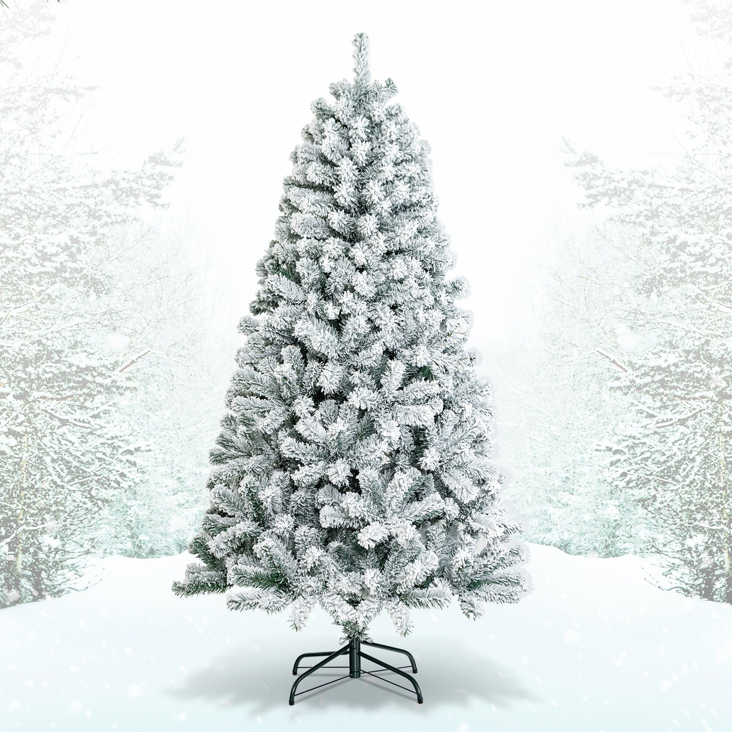 6 Feet Artificial Snow Decorated Flocked Hinged Christmas Tree with Metal Stand, White Christmas Tree at Gallery Canada
