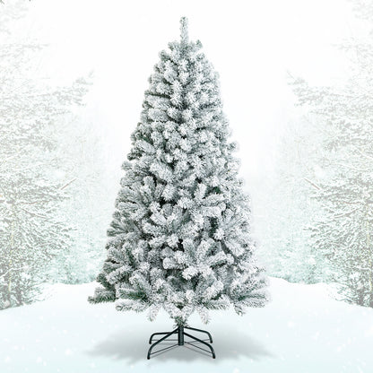6 Feet Artificial Snow Decorated Flocked Hinged Christmas Tree with Metal Stand, White Christmas Tree at Gallery Canada