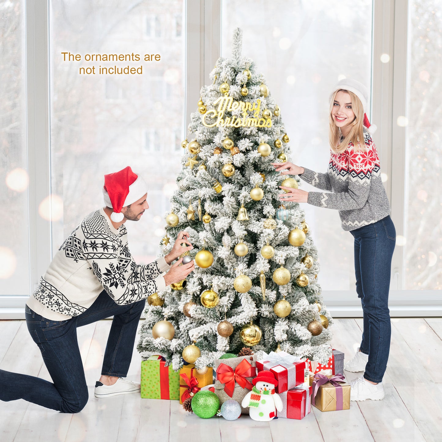 6 Feet Artificial Snow Decorated Flocked Hinged Christmas Tree with Metal Stand, White Christmas Tree at Gallery Canada