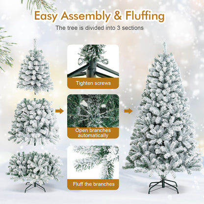 6 Feet Artificial Snow Decorated Flocked Hinged Christmas Tree with Metal Stand, White Christmas Tree at Gallery Canada