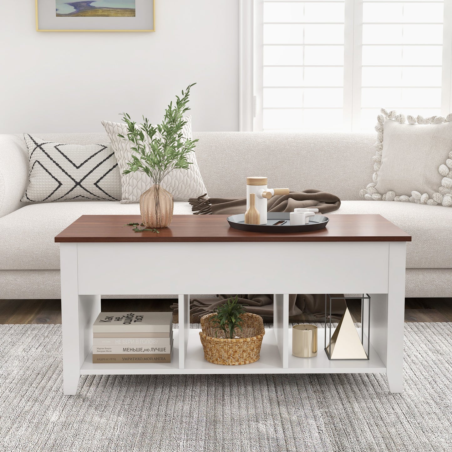 Lift Top Coffee Table w/ Hidden Compartment and Storage Shelves, White Coffee Tables at Gallery Canada
