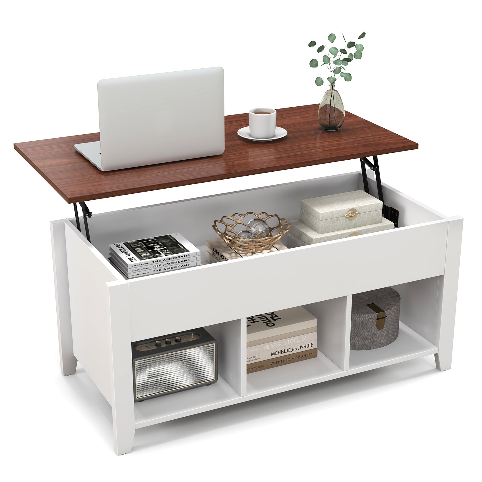 Lift Top Coffee Table w/ Hidden Compartment and Storage Shelves, White Coffee Tables at Gallery Canada