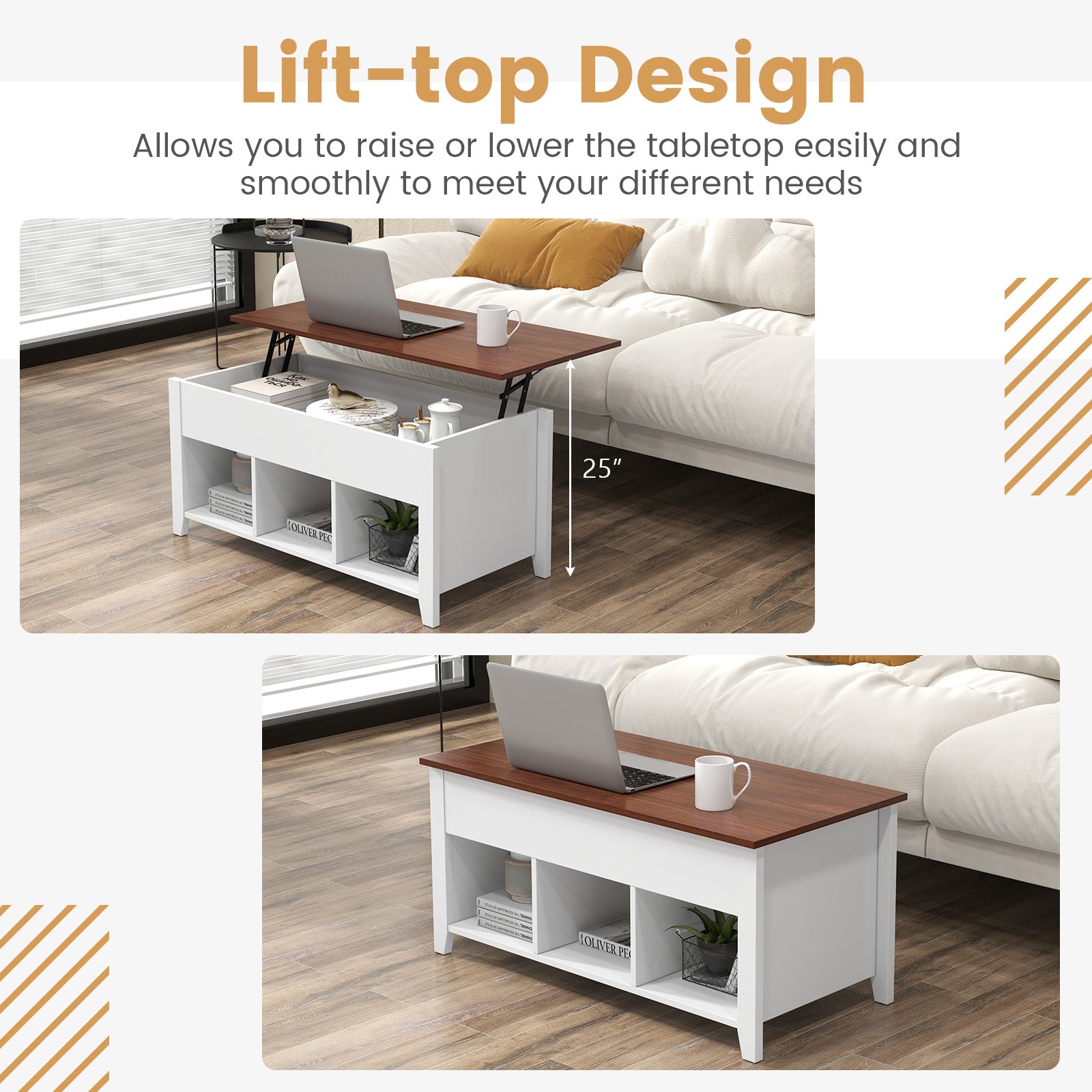 Lift Top Coffee Table w/ Hidden Compartment and Storage Shelves, White Coffee Tables at Gallery Canada