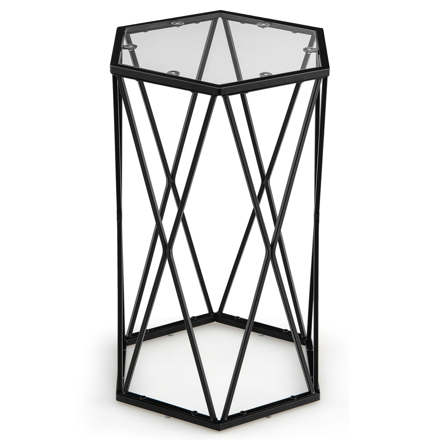 Hexagonal Accent End Table with Tempered Glass Top and Metal Frame, Black End & Side Tables Black at Gallery Canada