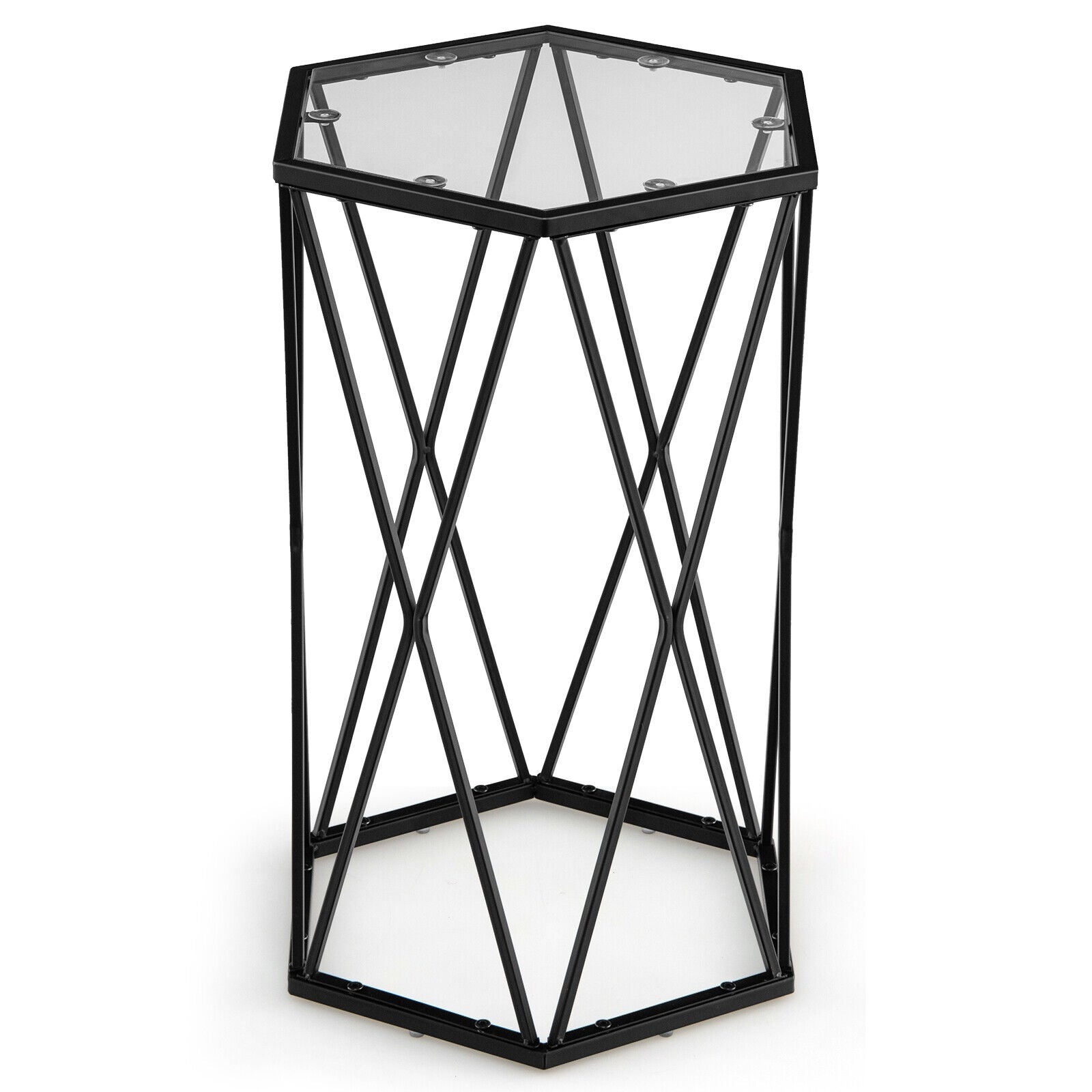 Hexagonal Accent End Table with Tempered Glass Top and Metal Frame, Black End & Side Tables Black at Gallery Canada