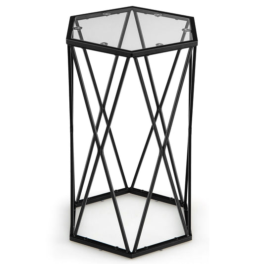 Hexagonal Accent End Table, Tempered Glass Top, Metal Frame, Black End & Side Tables Black at Gallery Canada