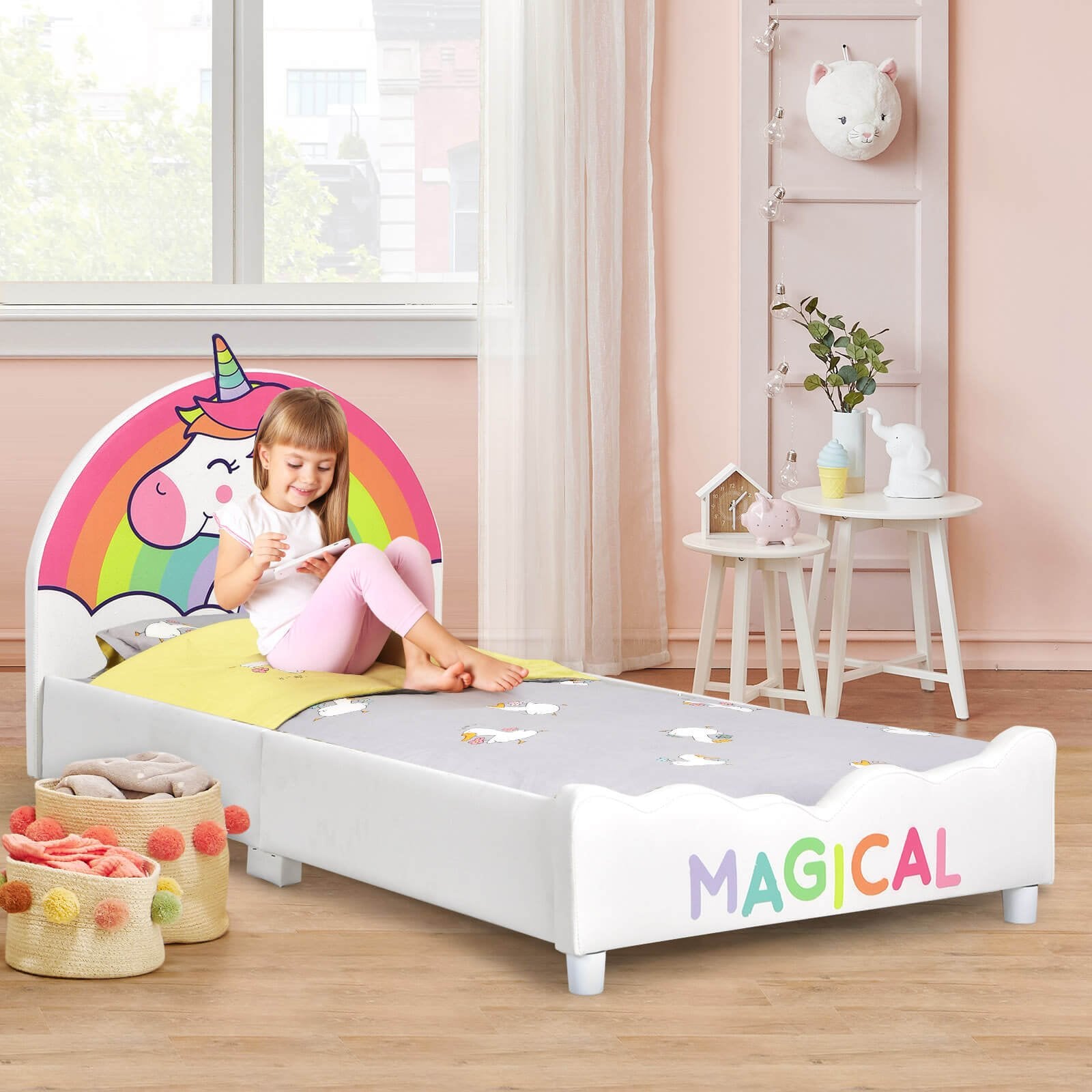 Children Twin Size Upholstered  Platform Single Bed, White - Gallery Canada