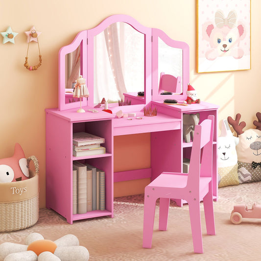 Kids Vanity Table and Chair Set with Removable Tri-Folding Mirror, Pink - Gallery Canada