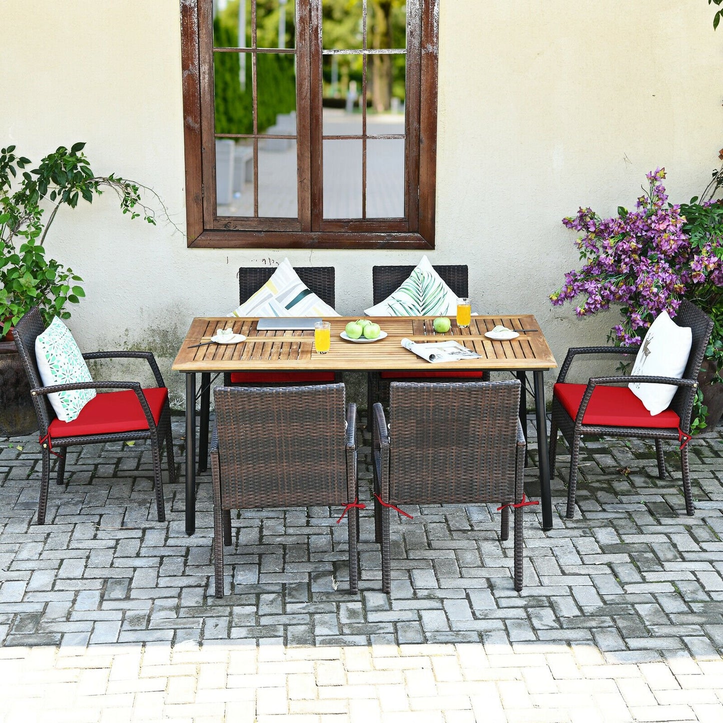 7Pcs Patio Rattan Cushioned Dining Set with Umbrella Hole, Red - Gallery Canada