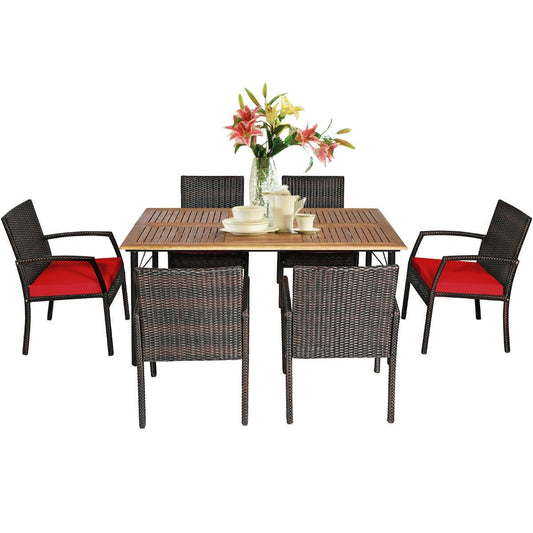 7Pcs Patio Rattan Cushioned Dining Set with Umbrella Hole, Red - Gallery Canada