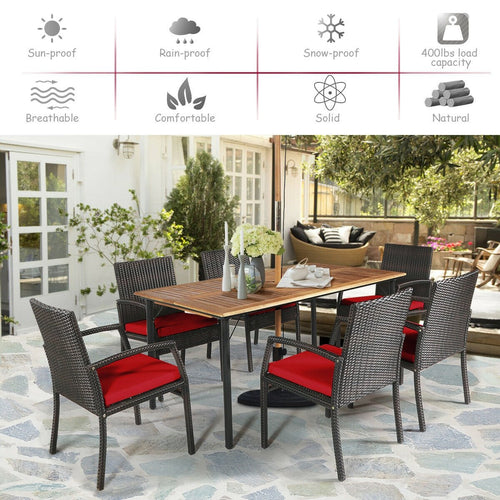 7Pcs Patio Rattan Cushioned Dining Set with Umbrella Hole, Red