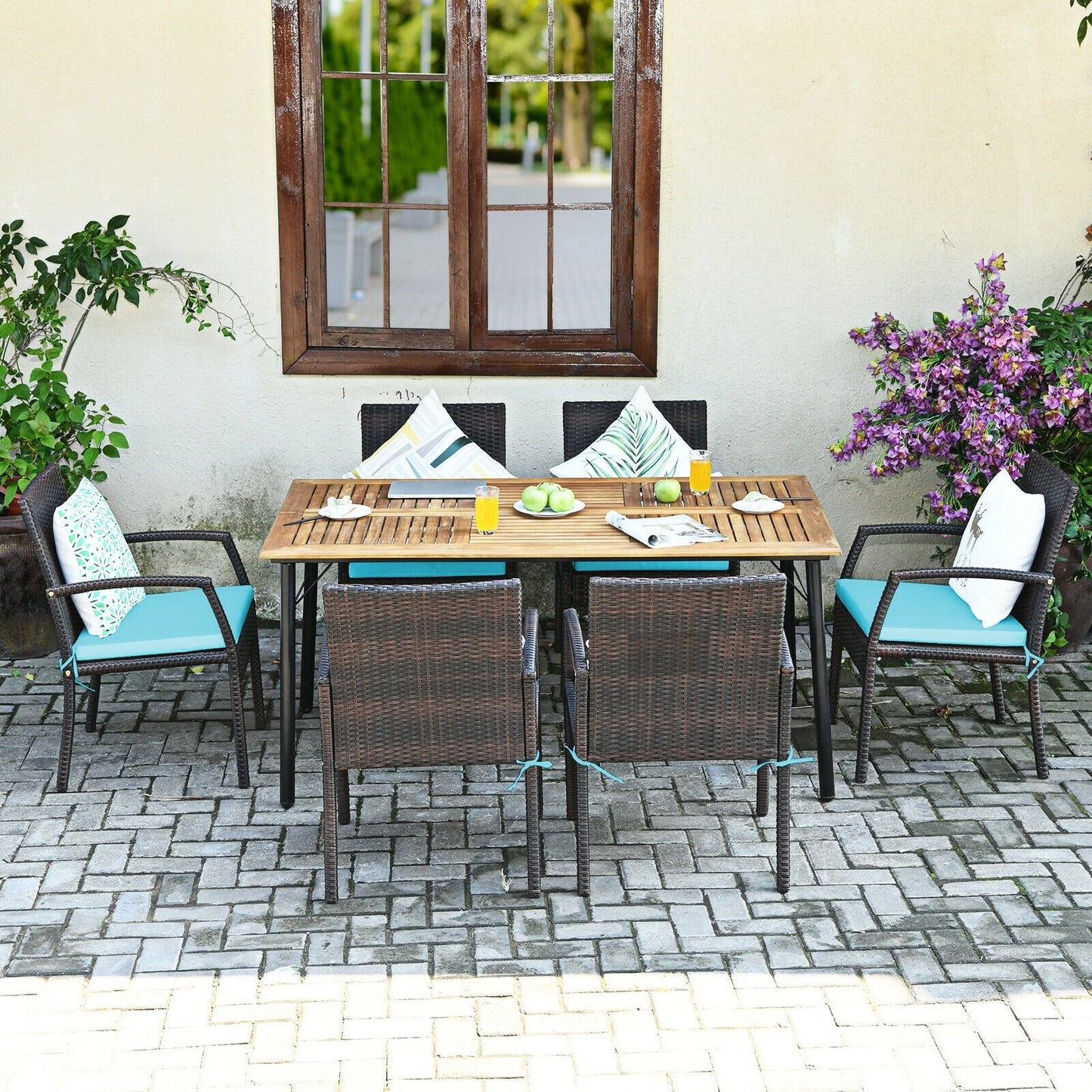 7Pcs Patio Rattan Cushioned Dining Set with Umbrella Hole, Turquoise - Gallery Canada