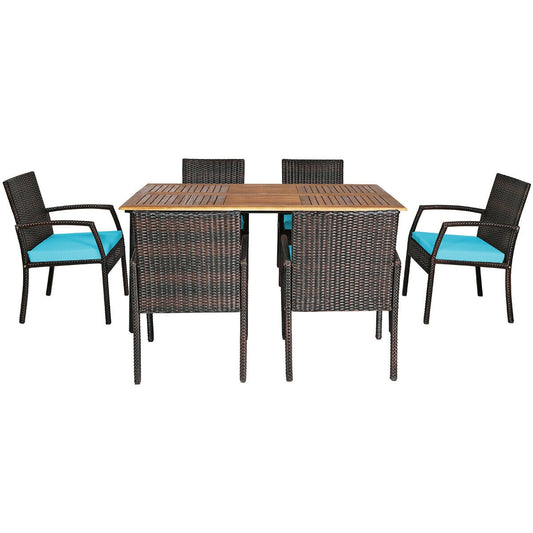 7Pcs Rattan Dining Set, With Umbrella Hole, Turquoise