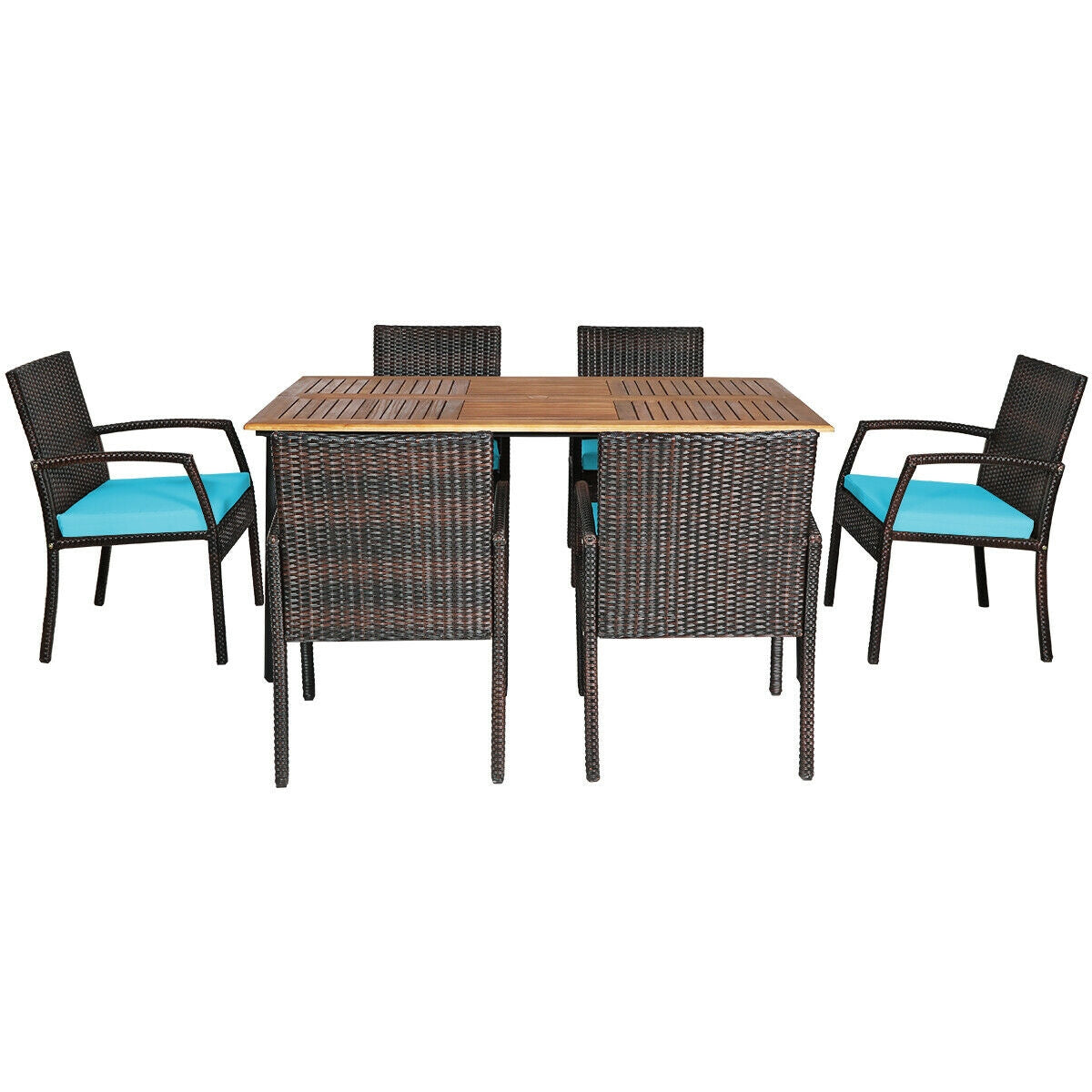 7Pcs Patio Rattan Cushioned Dining Set with Umbrella Hole, Turquoise Patio Dining Sets at Gallery Canada