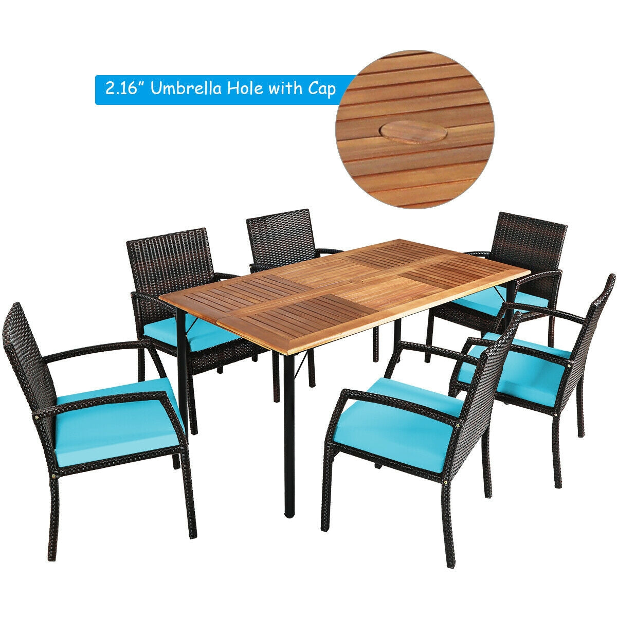 7Pcs Rattan Dining Set, With Umbrella Hole, Turquoise Patio Dining Sets at Gallery Canada