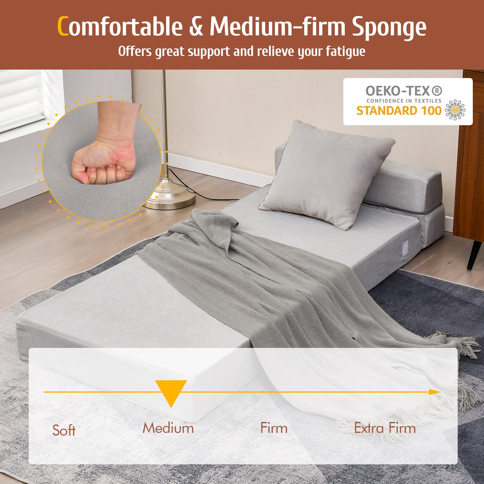 Tri-Fold Folding Chair Convertible Sleeper Bed, Gray Floor Chairs at Gallery Canada