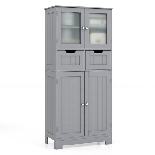 4 Door Free-Standing Bathroom Cabinet, 2 Drawers, Glass Doors, Gray