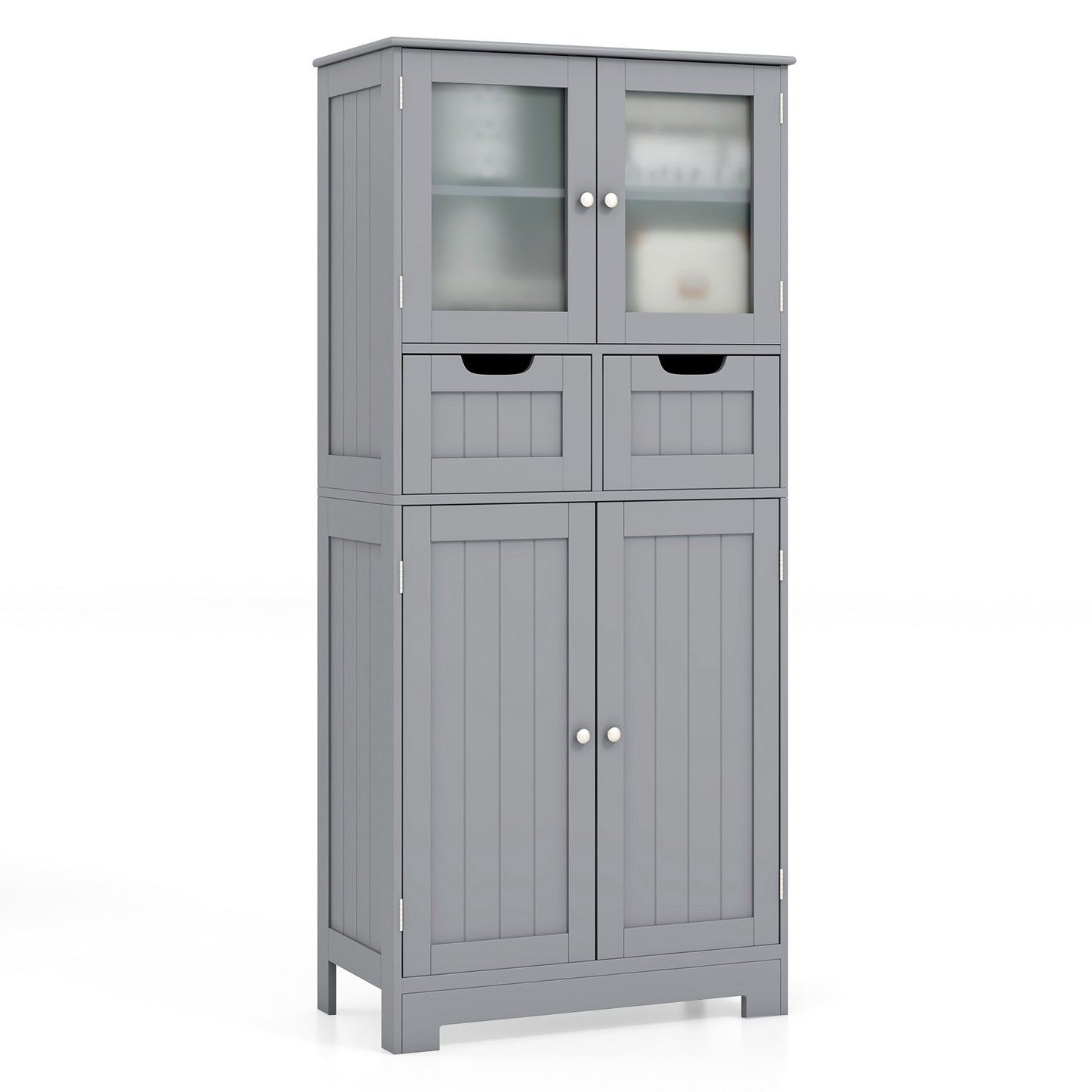 4 Door Free-Standing Bathroom Cabinet, 2 Drawers, Glass Doors, Gray Floor Cabinets at Gallery Canada