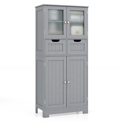 4 Door Free-Standing Bathroom Cabinet, 2 Drawers, Glass Doors, Gray Floor Cabinets at Gallery Canada