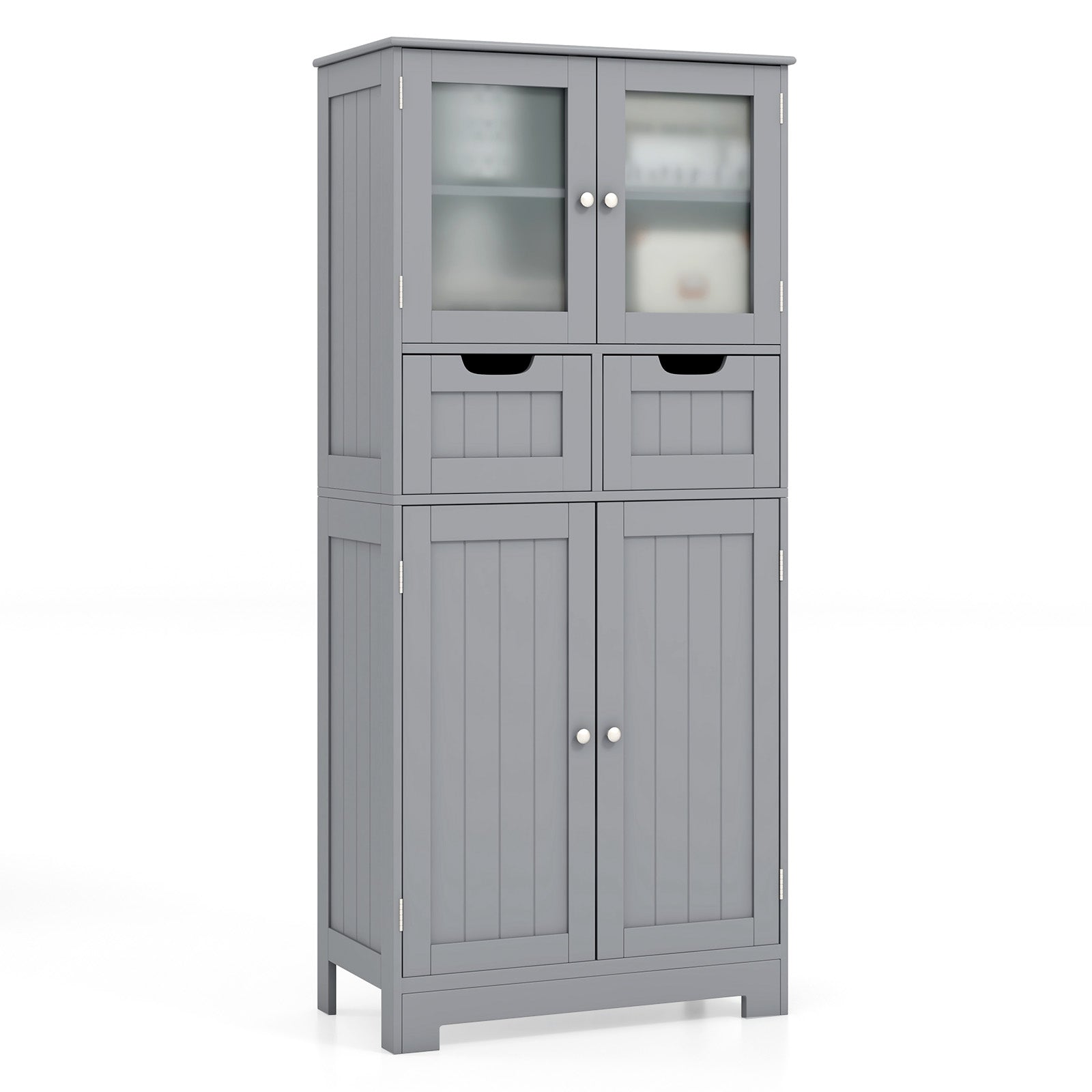 4 Door Freee-Standing Bathroom Cabinet with 2 Drawers and Glass Doors, Gray Floor Cabinets at Gallery Canada