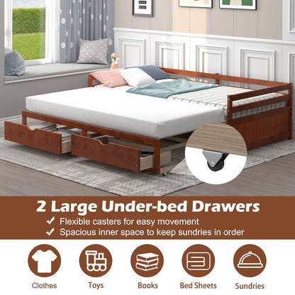Extendable Twin to King Daybed with Trundle and 2 Storage Drawers, Brown - Gallery Canada