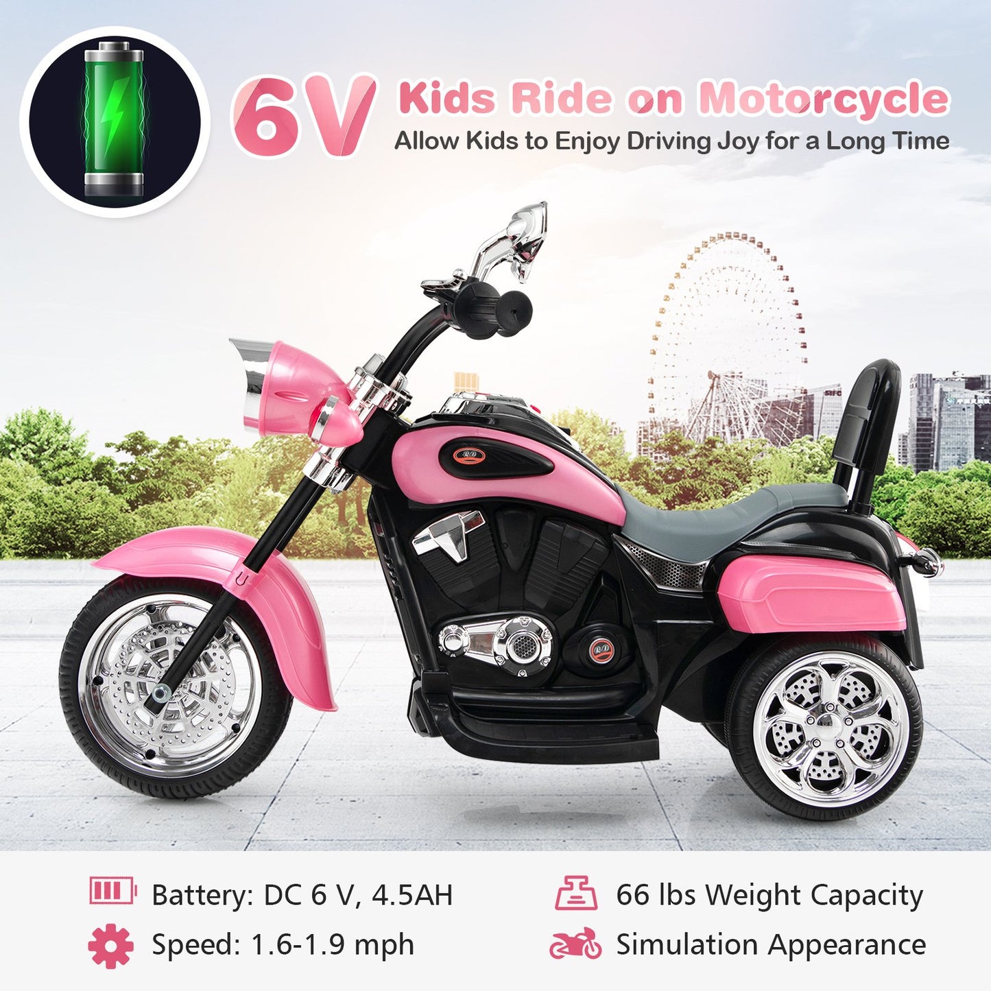 6V 3 Wheel Kids Motorcycle, Pink - Gallery Canada