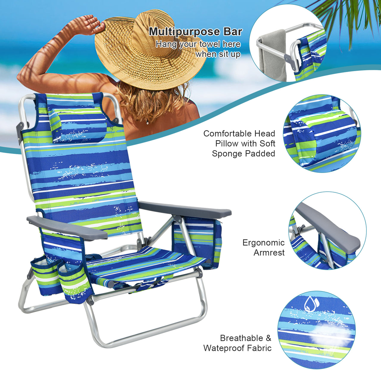 2 Packs 5-Position Outdoor Folding Backpack Beach Table Chair Reclining Chair Set - Gallery View 10 of 12