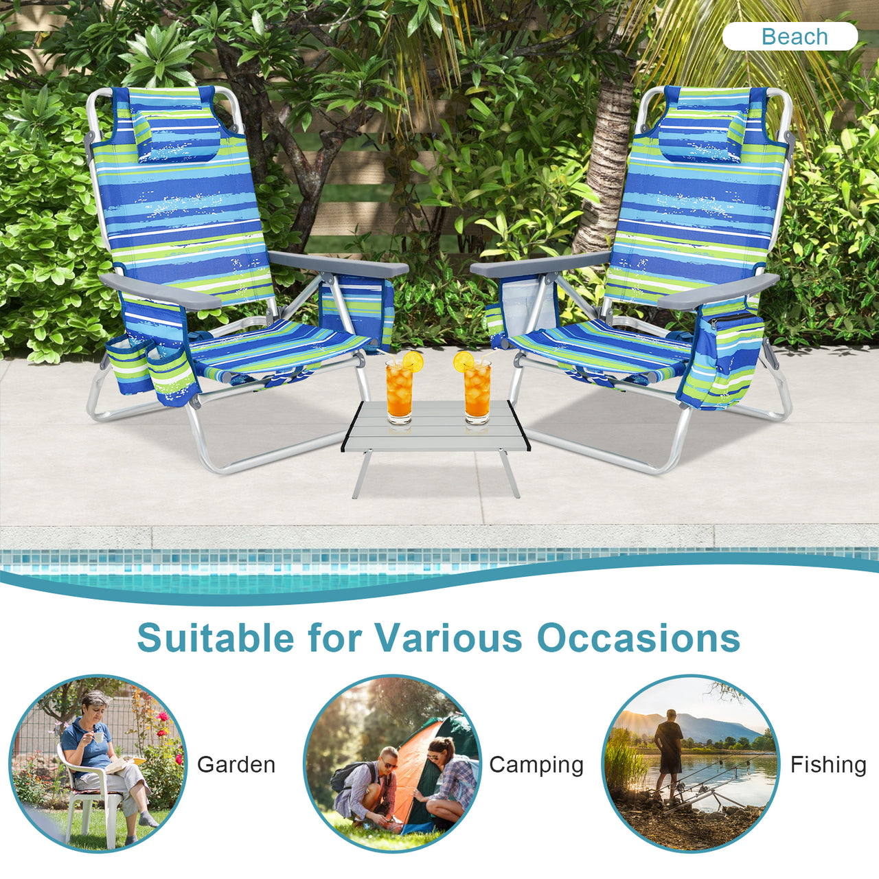 2 Packs 5-Position Outdoor Folding Backpack Beach Table Chair Reclining Chair Set - Gallery View 11 of 12