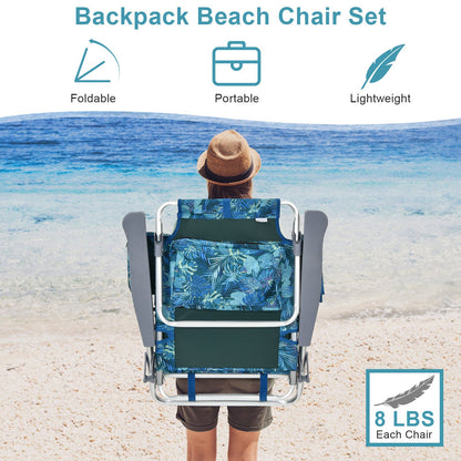 2 Packs 5-Position Outdoor Folding Backpack Beach Table Chair Reclining Chair Set, Multicolor - Gallery Canada