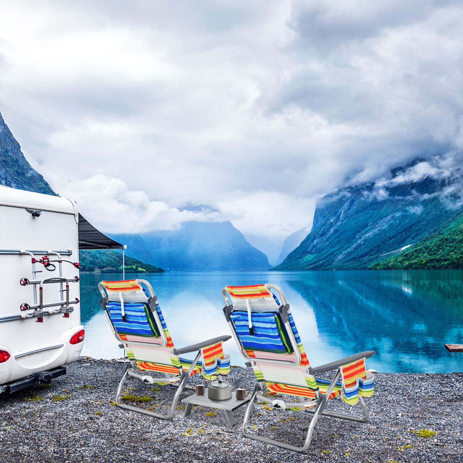 2 Packs 5-Position Outdoor Folding Backpack Beach Table Chair Reclining Chair Set, Yellow Beach & Lawn Chairs at Gallery Canada